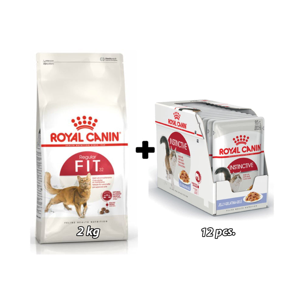 Royal Canin - Feline Health Nutrition Fit 32 Cat Food & Instinctive Adult Cats Jelly (WET FOOD - Pouches) Bundle Pack