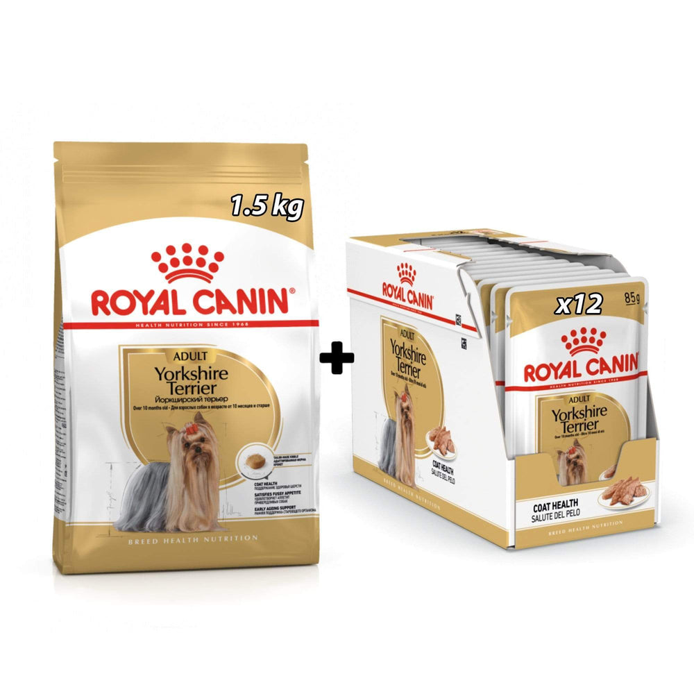 Royal Canin - Yorkshire Terrier Adult Dog Dry Food & Wet Dog Food Pouch Bundle Pack.