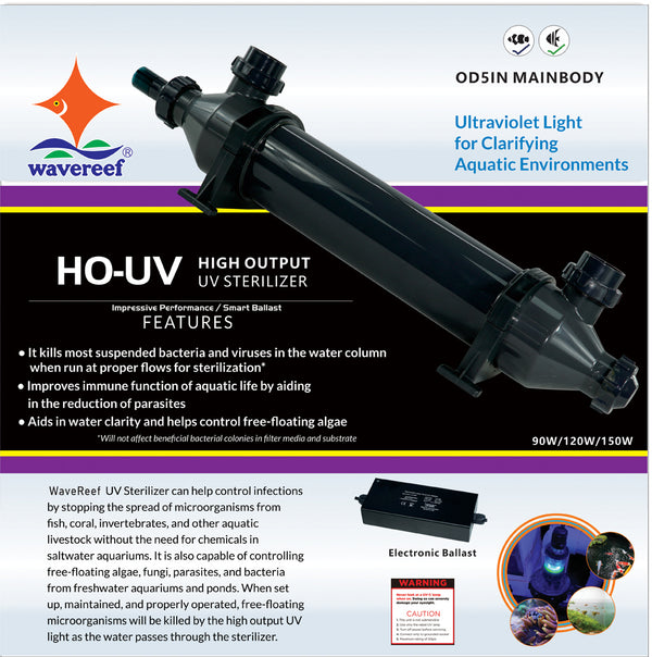 WaveReef HO-UV High-Output UV Sterilizers (18W, 27W, 40W, 90W) for Saltwater & Freshwater Aquariums